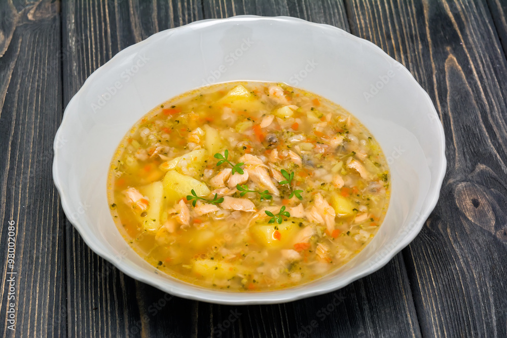 Fish salmon soup with broccoly