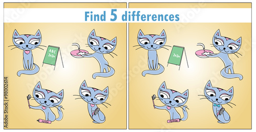 Four cute cats. Children's game Find 5 differences