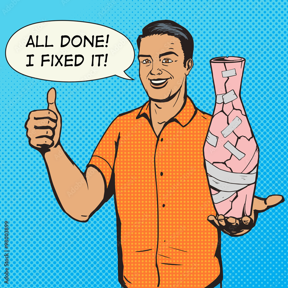 Man fixed vase with duct tape pop art vector