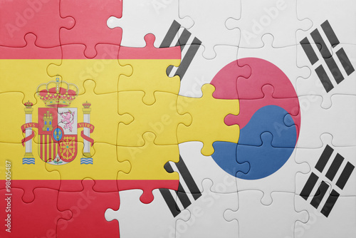 puzzle with the national flag of spain and south korea