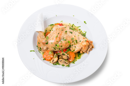 Baked chicken leg with vegetables.