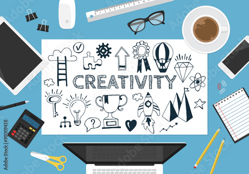 Creativity concept with hand drawing icons and flat stylish obje