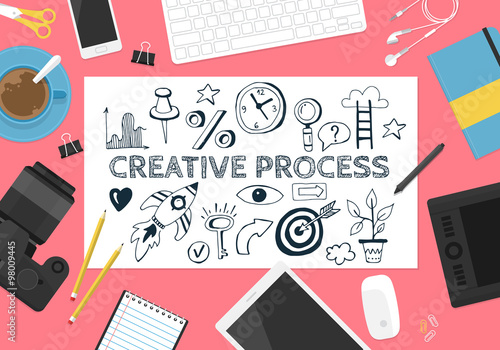 Creative process concept with hand drawing icons and flat stylis