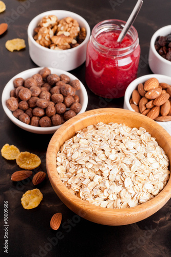 oat flakes and various delicious ingredients for breakfast