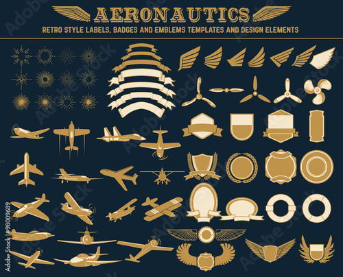 Aeronautics retro style labels, badges and emblems templates and design elements.