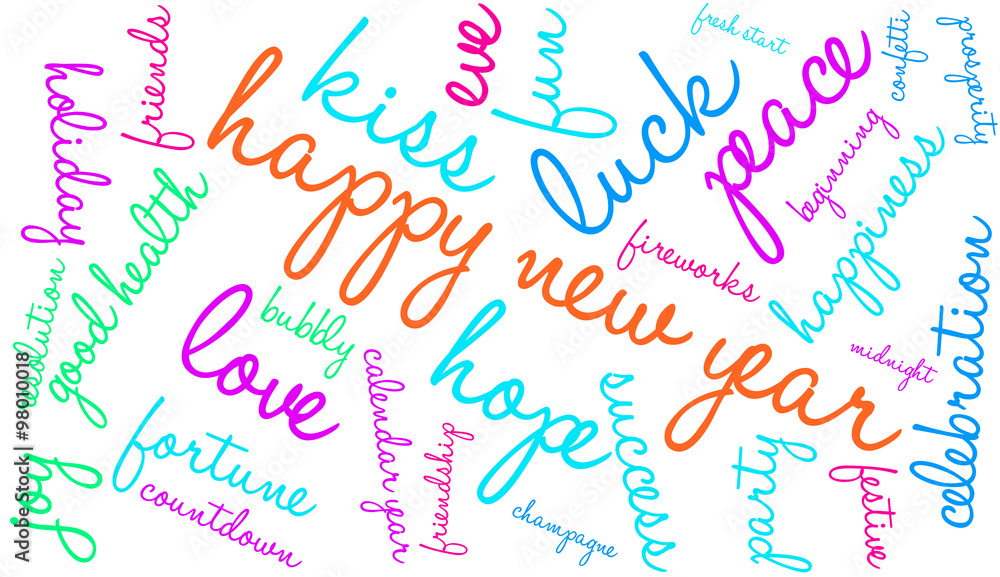 Happy New Year word cloud on a white background. 