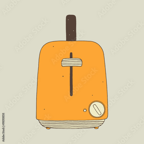 Vector hand drawn toaster with the toast. Cartoon kitchen design element