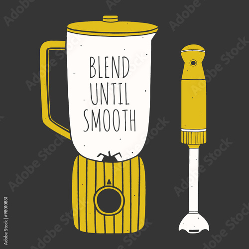 Stationary blender and hand blender. Vector hand drawn illustration for kitchen 