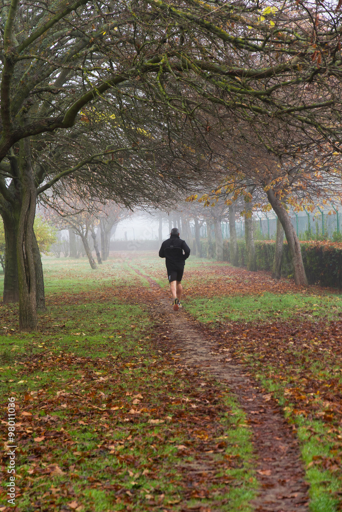 Corredor haciendo Footing en un Parque Otoñal con Niebla Corredor haciendo Footing en un Parque Otoñal con Niebla