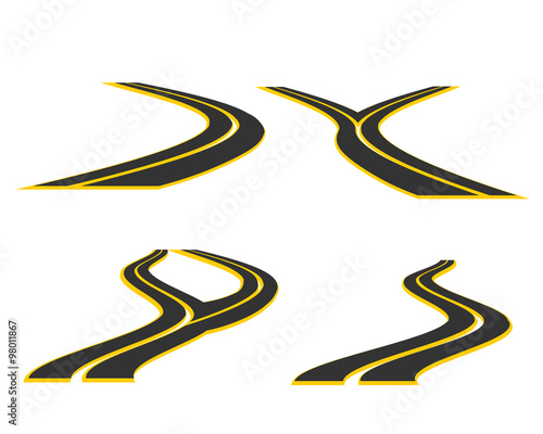 Road  sign / icon vector illustration. Road or highway symbol set.4 Paved roads shapes with hairpin curve disappearing into the distance. Clip art / design elements for transportation design, travel.