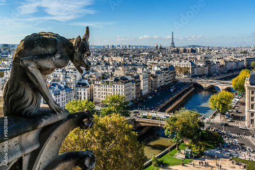 Fotografia Notre Dame de Paris: Famous Stone demons gargoyle and chimera.