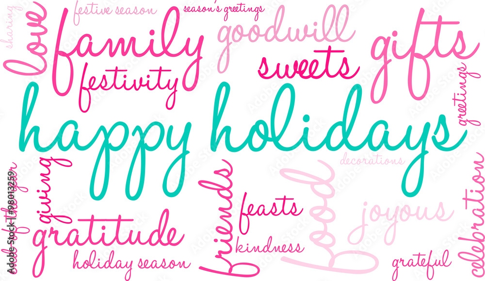 Happy Holidays word cloud on a white background. 