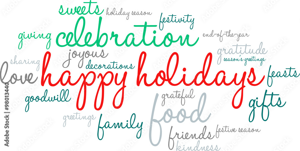 Happy Holidays word cloud on a white background. 