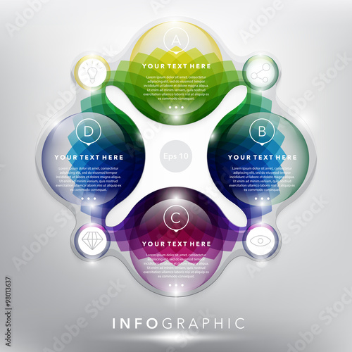Abstract info graphic with circle elements. Glossy and transparent on the white panel. Use for business, marketing concept. 4 parts concept. Vector illustration. Eps 10.