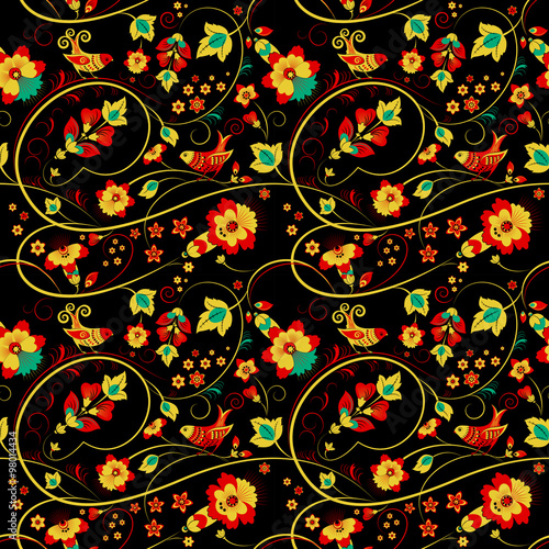 Floral khokhloma seamless pattern with birds