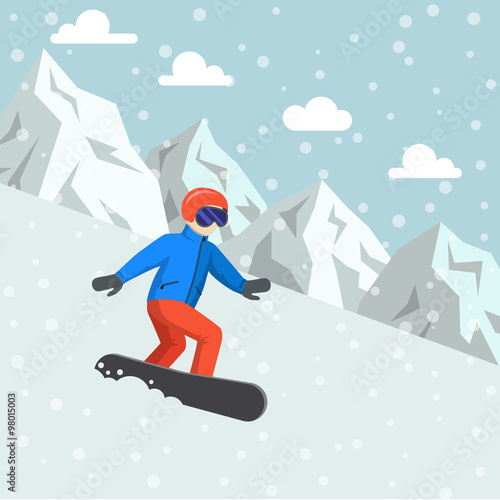 Snowboarder on the board ride in the mountains across of the falling snow, winter activities illustration