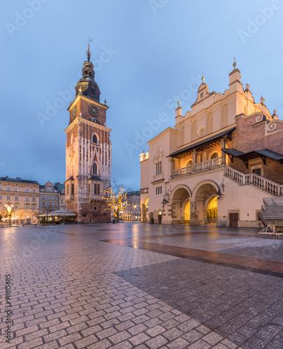 The Main Market Square in Krakow, Poland, with famous Sukiennice (Cloth hall) and Town Hall tower in blue hour #98015685