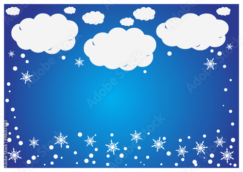 An abstract vector background of white paper clouds with snowflakes over blue.