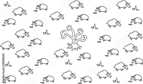 many sheep grazing in the field around a lone tree  black and white  on a transparent background