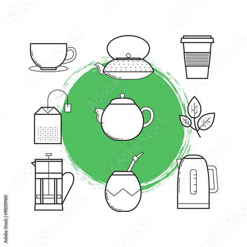 Lined icon set of tea culture objects