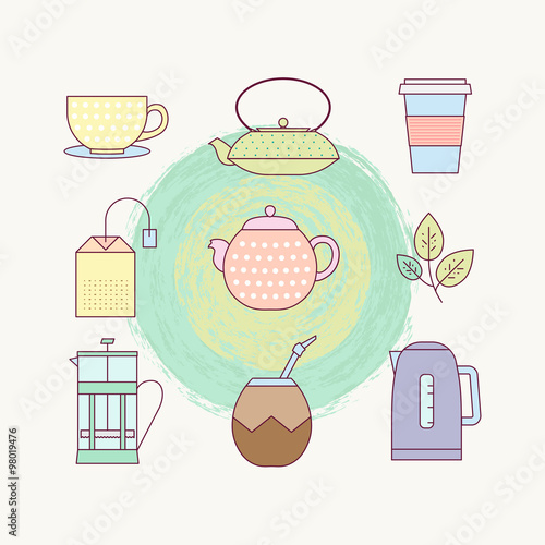 Lined icon set of tea culture objects