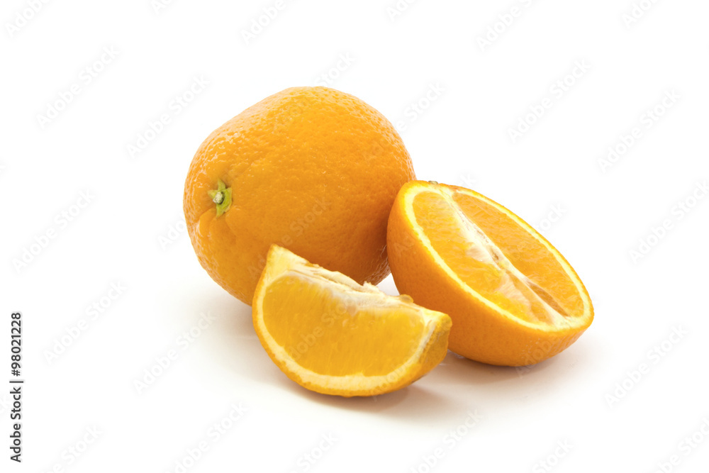 Whole orange fruit and his segments isolated on white background cutout Whole orange fruit and his segments isolated on white background cutout