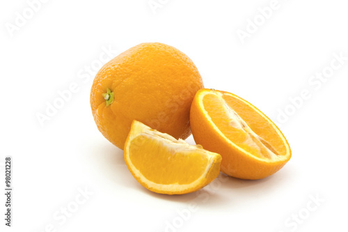 Whole orange fruit and his segments isolated on white background cutout