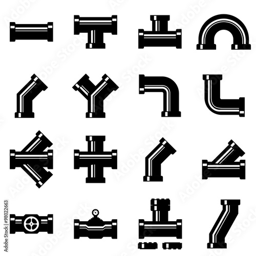 Vector black pipe fittings icon set. Pipe Fittings Icon Object, Pipe Fittings Icon Picture, Pipe Fittings Icon Image - stock vector
