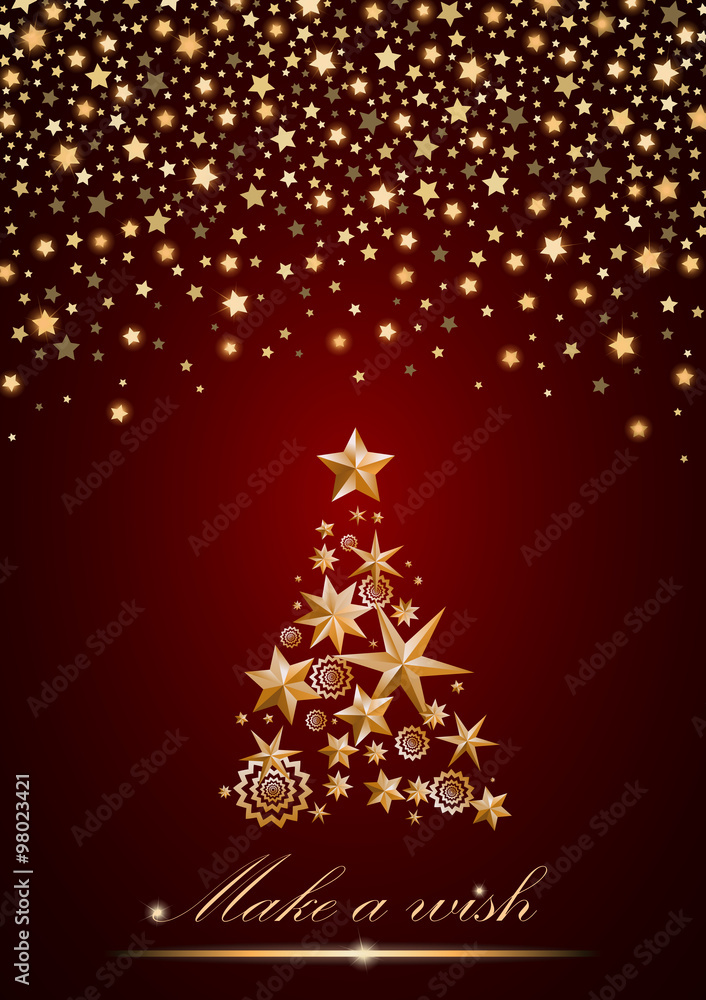 New Year and Christmas card design: gold Christmas Tree made of stars and snowflakes with abstract shining falling stars on red ambient background. Vector illustration New Year and Christmas card design: gold Christmas Tree made of stars and snowflakes with abstract shining falling stars on red ambient background. Vector illustration