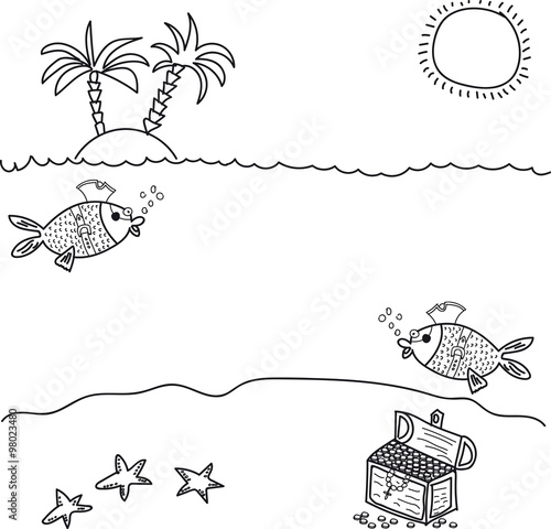 under the water lies a treasure chest, treasure, fish, pirates, black and white picture on a transparent background