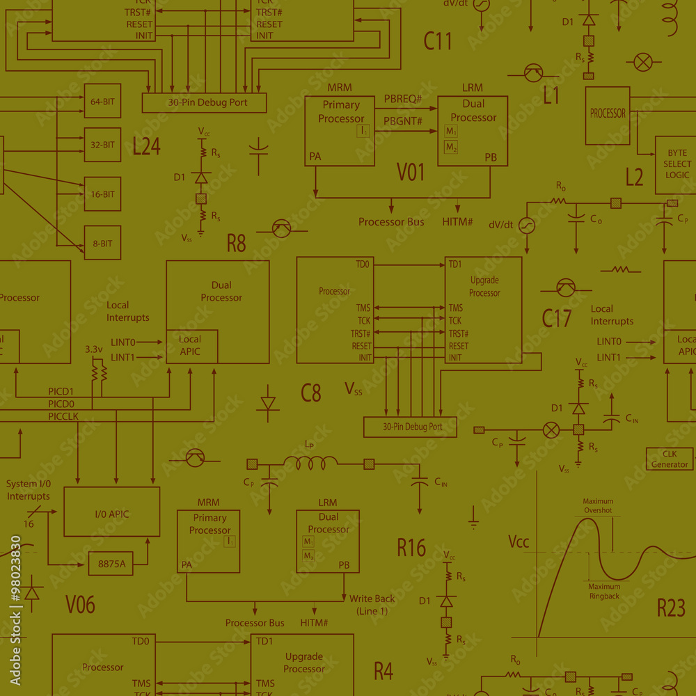 Seamless background with elements of electronic circuits, in the style of technical documentation , brown contour on a light green background