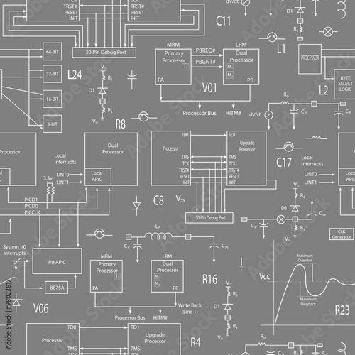 Seamless background with elements of electronic circuits, in the style of technical documentation , the bright outline on a gray background
