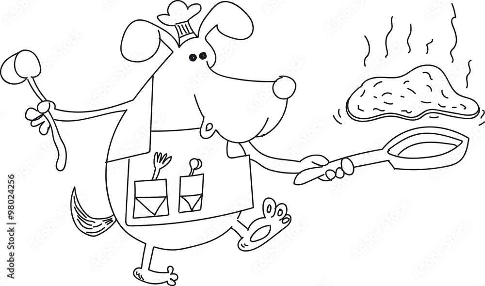 Dog chef cooks pancakes, holding a frying pan, throwing pancakes in the other hand holds the ladle, black-and-white picture on a transparent background Dog chef cooks pancakes, holding a frying pan, throwing pancakes in the other hand holds the ladle, black-and-white picture on a transparent background