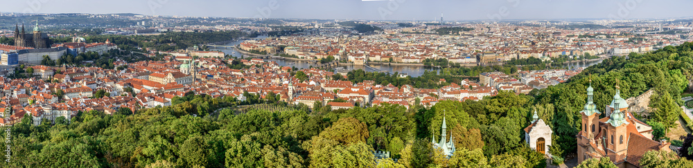 Prague, Czech Republic. View of Mala Strana, Charles Bridge, Vltava River and Stare Mesto from Petrin hill. Landmark of Bohemia.