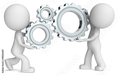 Teamwork. Dude 3D characters X2 holding metal Cogwheels. Side view.