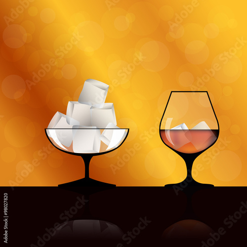 Wineglass for alcoholic drinks. Whiskey, scotch and ice cubes. A