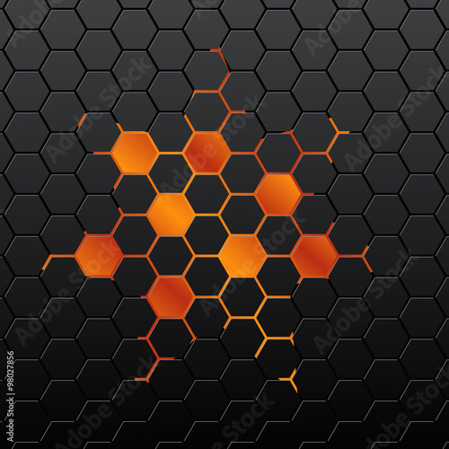 Black background of hexagonal mosaic. Yellow background in the c