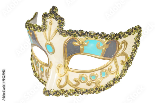Carnival mask gold-painted curlicues decoration blue and red ins