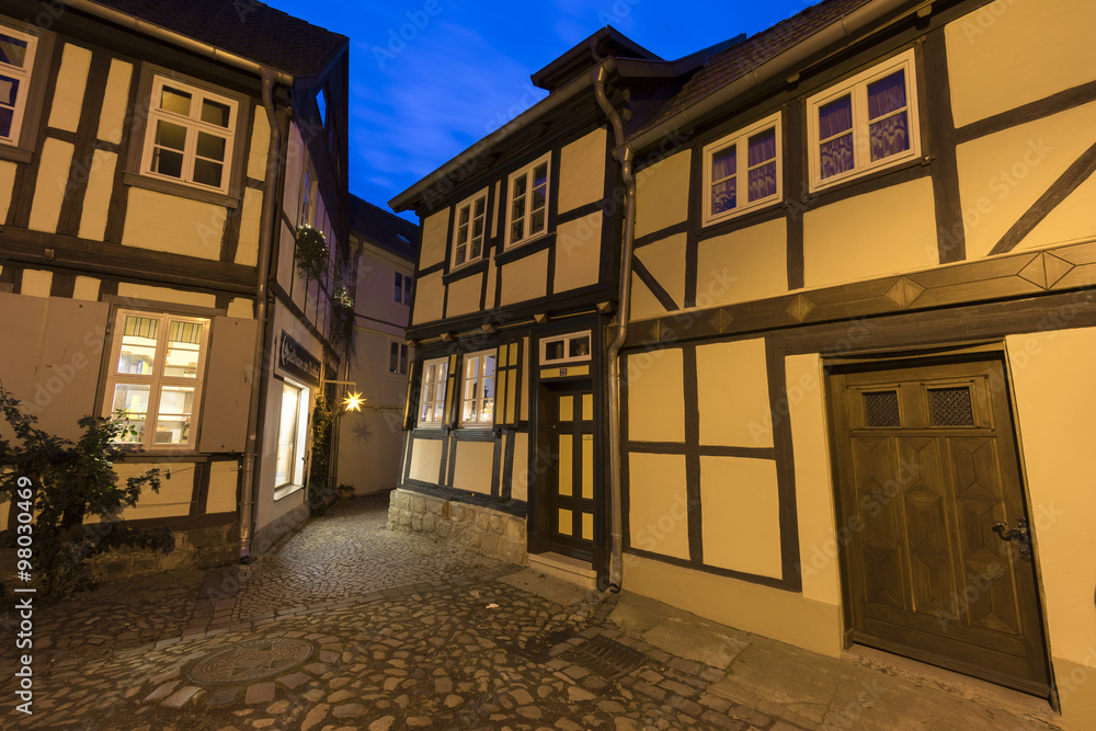 Christmas lighting on the streets of medieval town Quedlinburg, in Saxony-Anhalt in Germany.