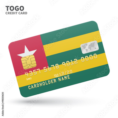 Credit card with Togo flag background for bank, presentations and business. Isolated on white