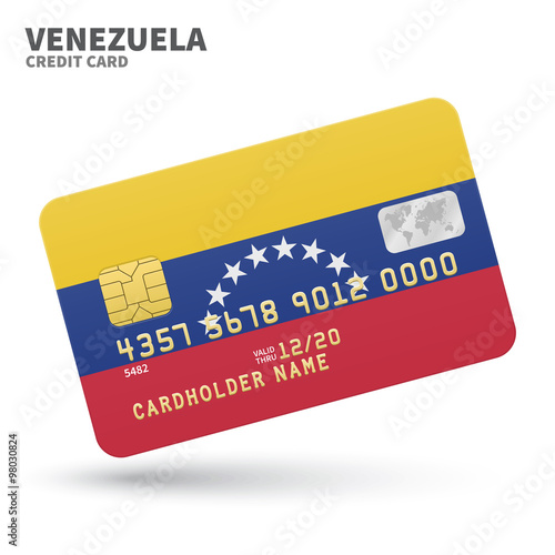 Credit card with Venezuela flag background for bank, presentations and business. Isolated on white