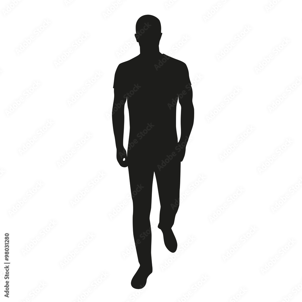 Man walking ahead in jeans and shirt. Vector silhouette