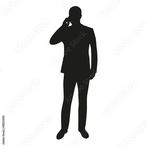 Business man with mobile phone, vector silhouette