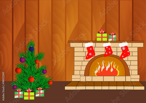 Fireplace and Christmas tree with gifts on the wood background.Christmas background