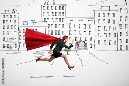 businesswoman wearing like superhero very fast running in drawed photo