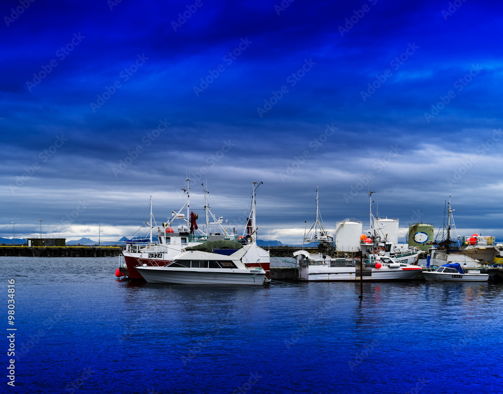 Fototapeta premium Horizontal vivid vibrant Norway ship quay landscape background b