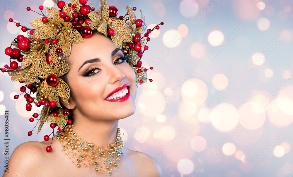 Christmas Woman - Fashion Model With Golden And Red Hairstyle And Makeup
