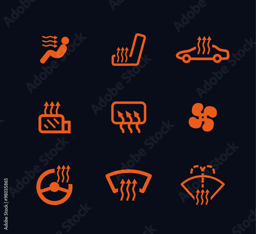 vector collection of orange car heating dashboard panel indicators