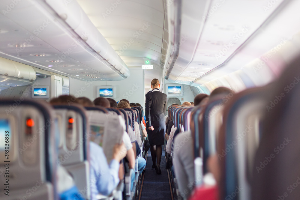 Fototapeta premium Stewardess and passengers on commercial airplane.