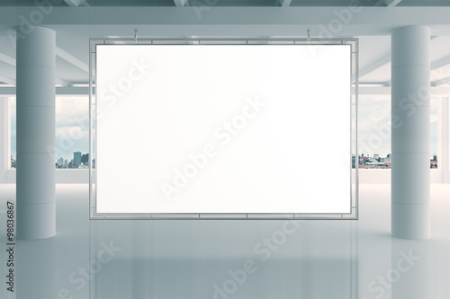 Fototapeta Naklejka Na Ścianę i Meble -  Blank white banner in modern empty open space office with big wi